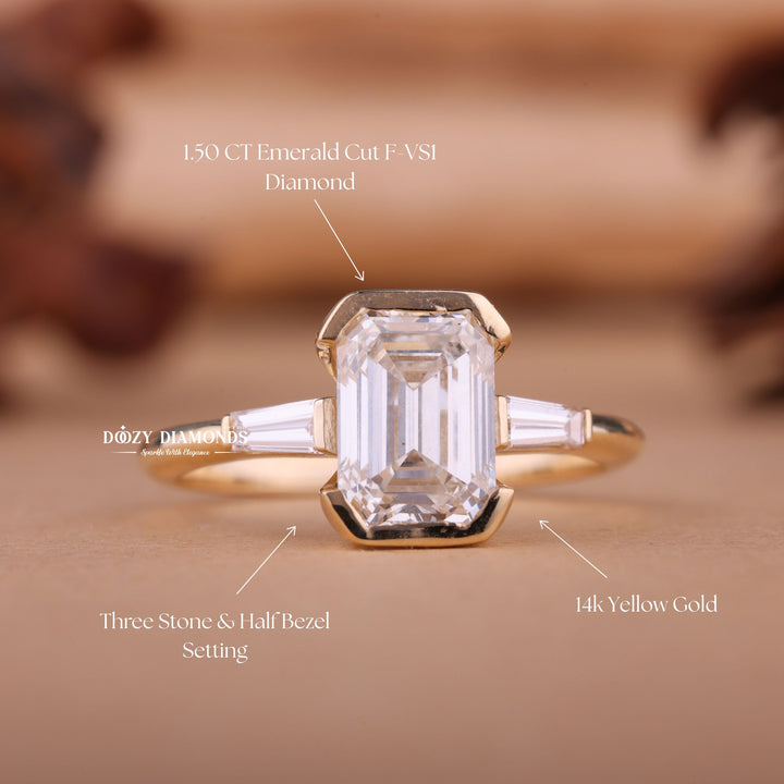 2.0CT-3.0CT Emerald E/VS1 Lab Created Diamond Three Stone Engagement Ring