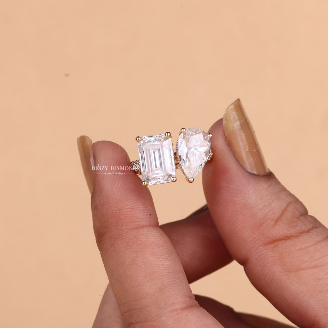 Pear & Emerald Cut Lab Grown Toi et Moi Diamond F/VS1 Micro Pave Engagement Ring