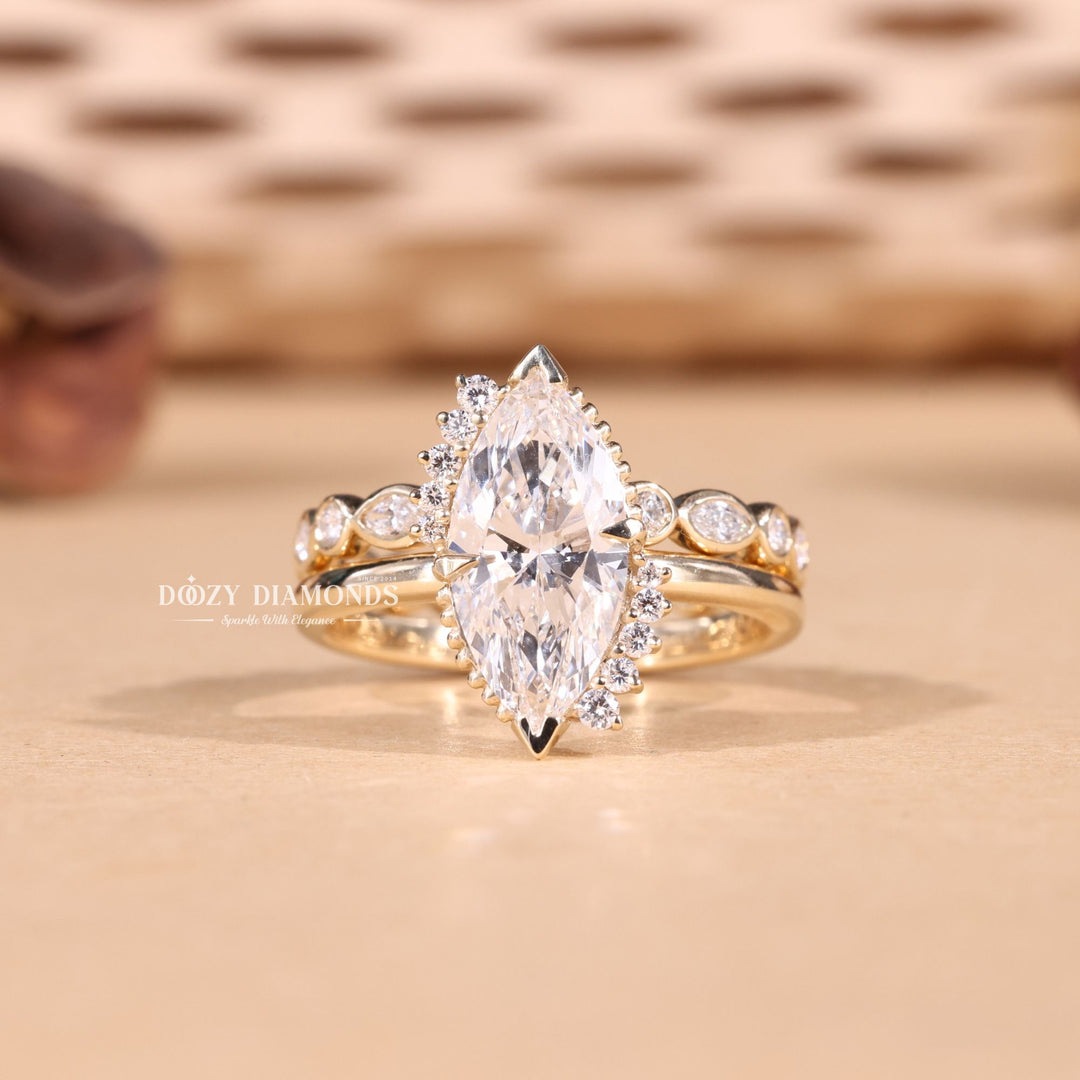 2.0CT Marquise Cut EF-VS2 Lab Grown Vintage Cluster Wedding Ring with Bezel Set Band