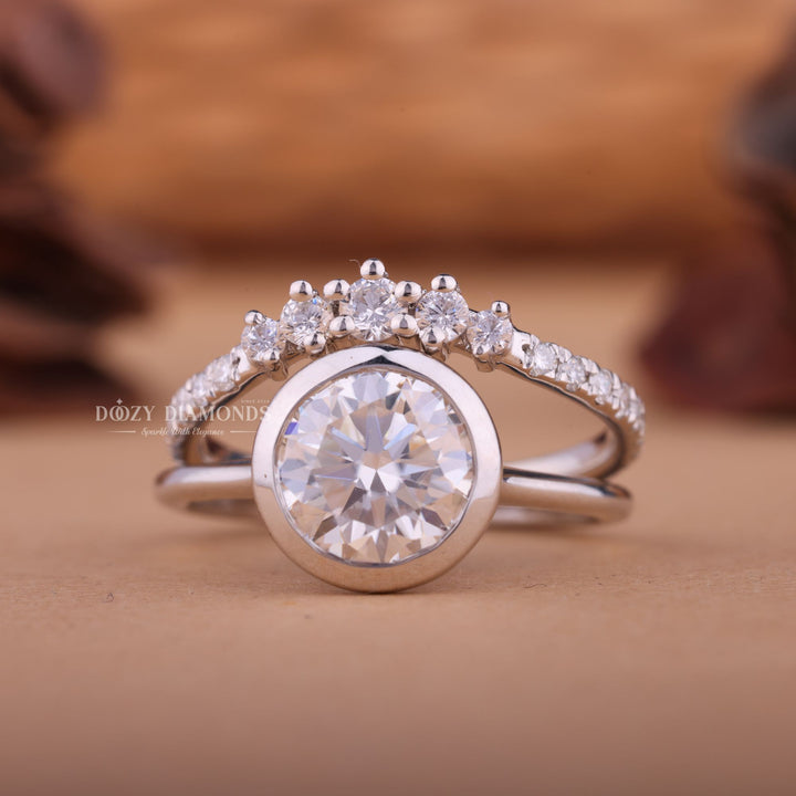 1.50CT Round F-VS Lab Grown Bezel Wedding Ring with Curved Diamond Band