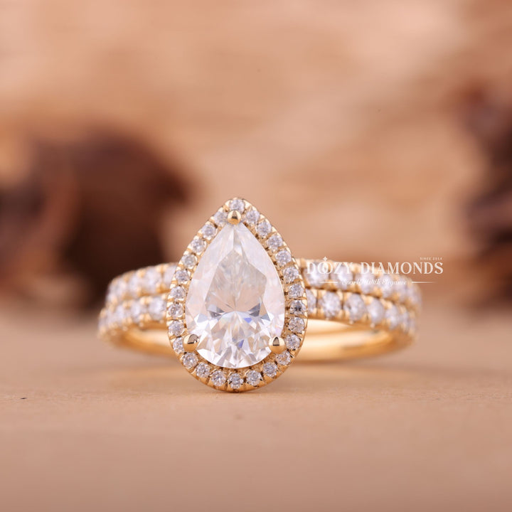 1.50CT Pear F-VS Lab Grown Diamond Halo Wedding Ring With Eternity Band