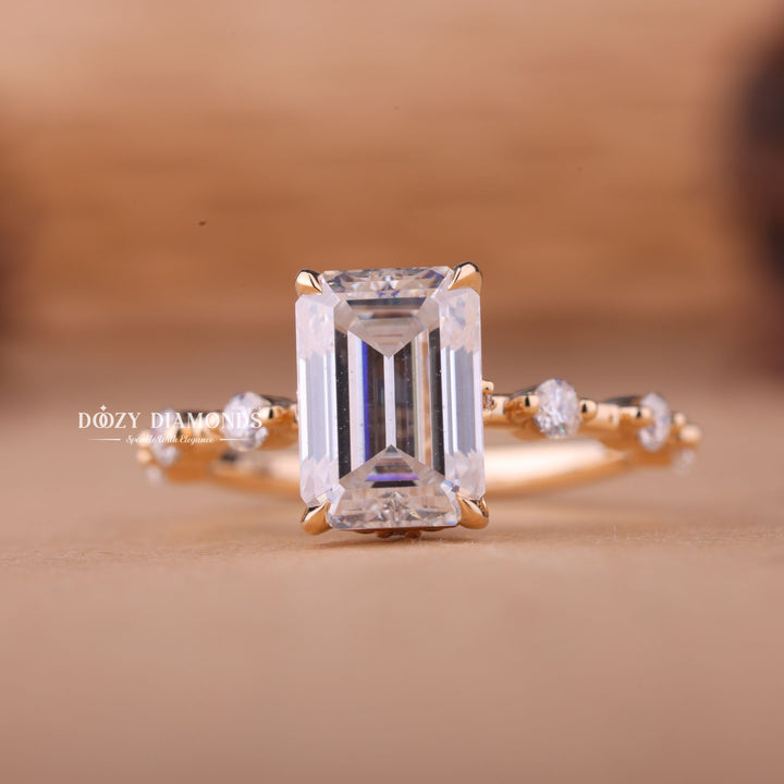 2.0CT-3.0CT Emerald EF/VS1 Lab Grown Diamond Distance Pave Engagement Ring
