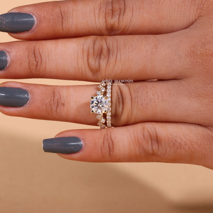 1.0CT Round Cut EF-VS2 Lab Grown Cluster Engagement Ring with Stacking Band