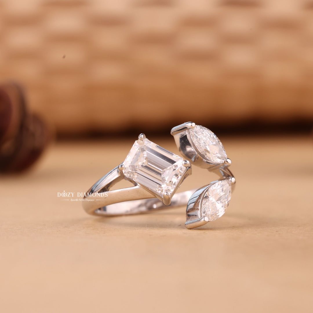 Marquise & Emerald Cut E/VS2 Lab Grown Three Stone Diamond Engagement Ring