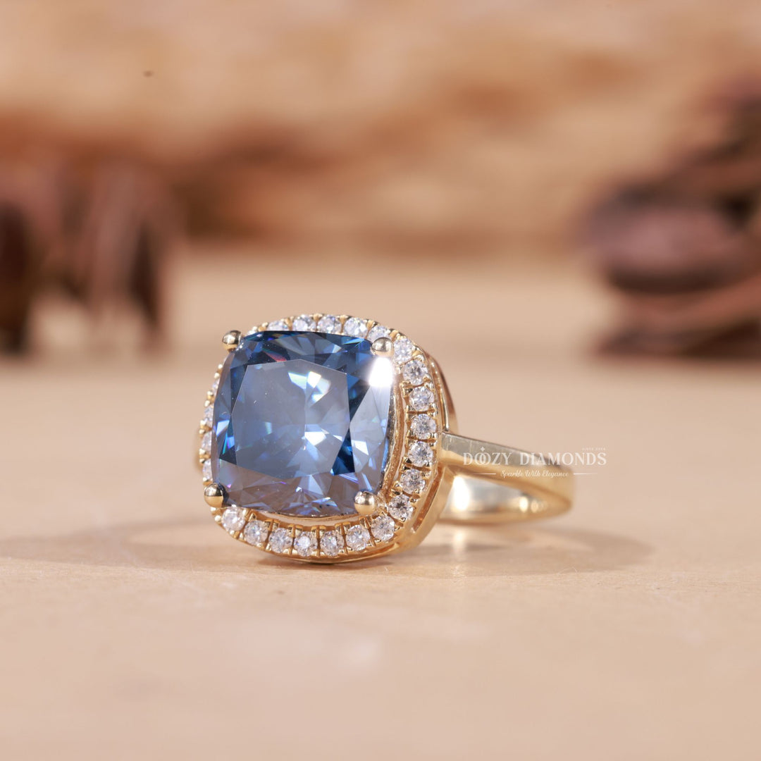 Royal Blue Cushion Cut Lab Grown E/VS2 Halo Diamond Engagement Ring