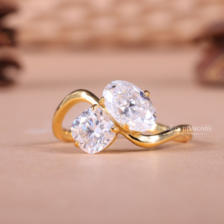Elongated Oval & Cushion Cut Lab Grown E/VS2 Two Stone Engagement Ring