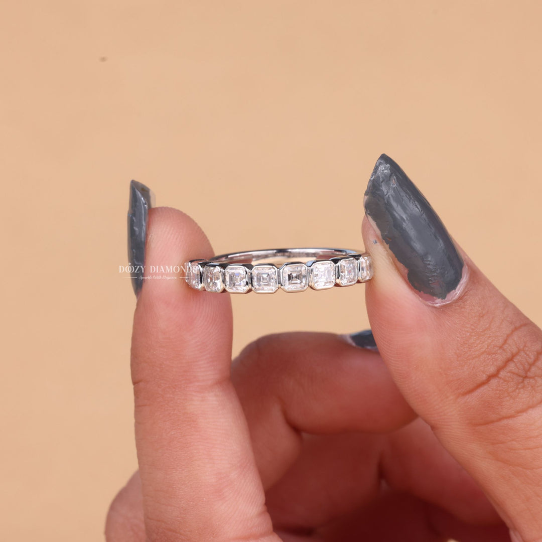 Asscher Cut Lab Grown Diamond EF/VVS Bezel Set Half Eternity Wedding Band