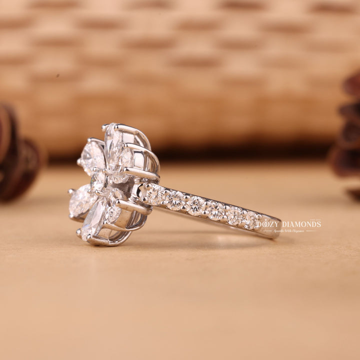 Round & Pear Cut E/VS1 Lab Grown Diamond Flower Engagement Ring
