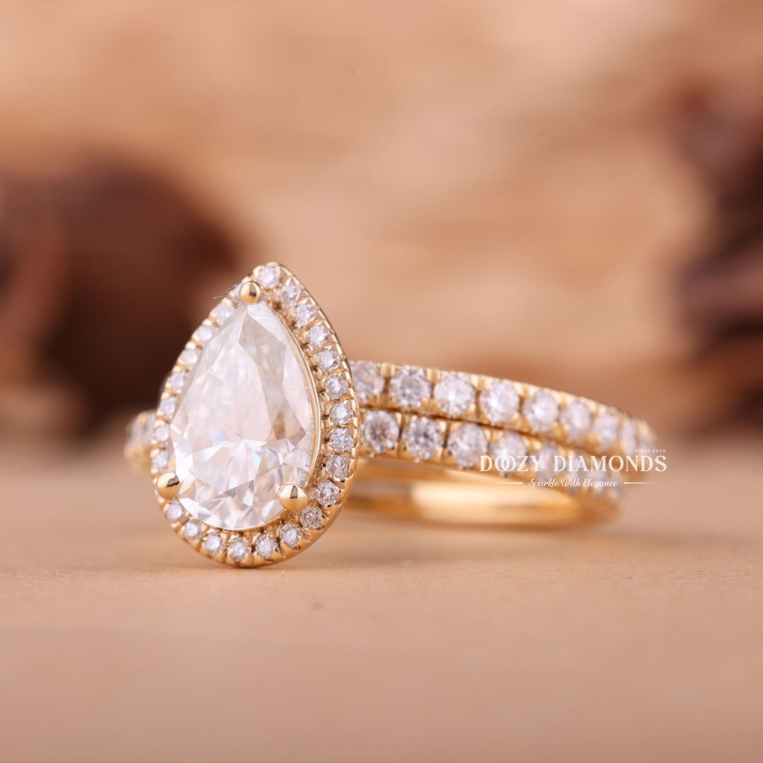 1.50CT Pear F-VS Lab Grown Diamond Halo Wedding Ring With Eternity Band