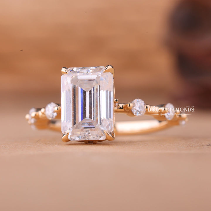 2.0CT-3.0CT Emerald EF/VS1 Lab Grown Diamond Distance Pave Engagement Ring