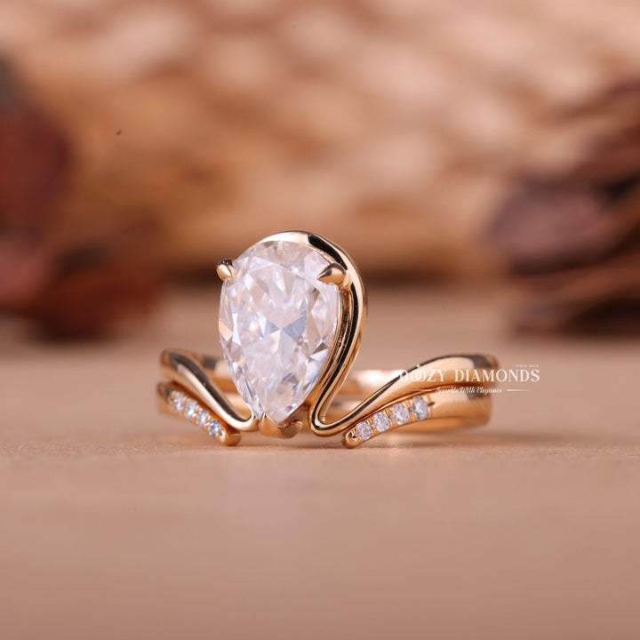 1.0CT Pear F-VS Lab Grown Unique Wedding Ring with Open Diamond Band