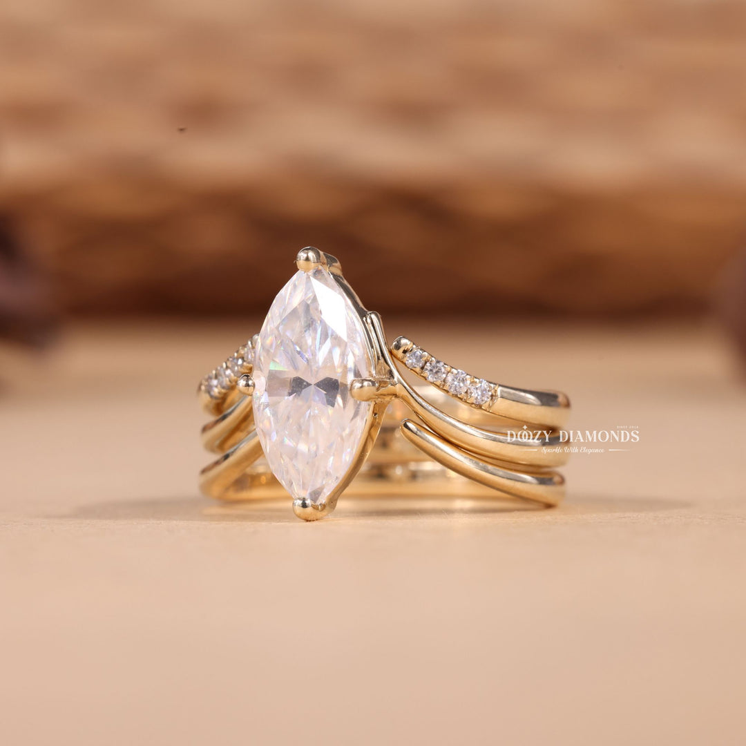 2.0CT Marquise Cut EF-VS2 Lab Grown Eve Diamond Ring with Curved Wedding Band or Plain Band