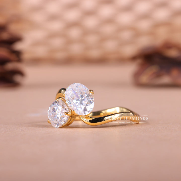 Elongated Oval & Cushion Cut Lab Grown E/VS2 Two Stone Engagement Ring