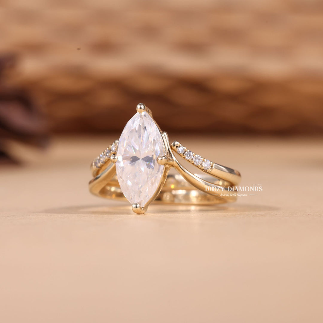 2.0CT Marquise Cut EF-VS2 Lab Grown Eve Diamond Ring with Curved Wedding Band