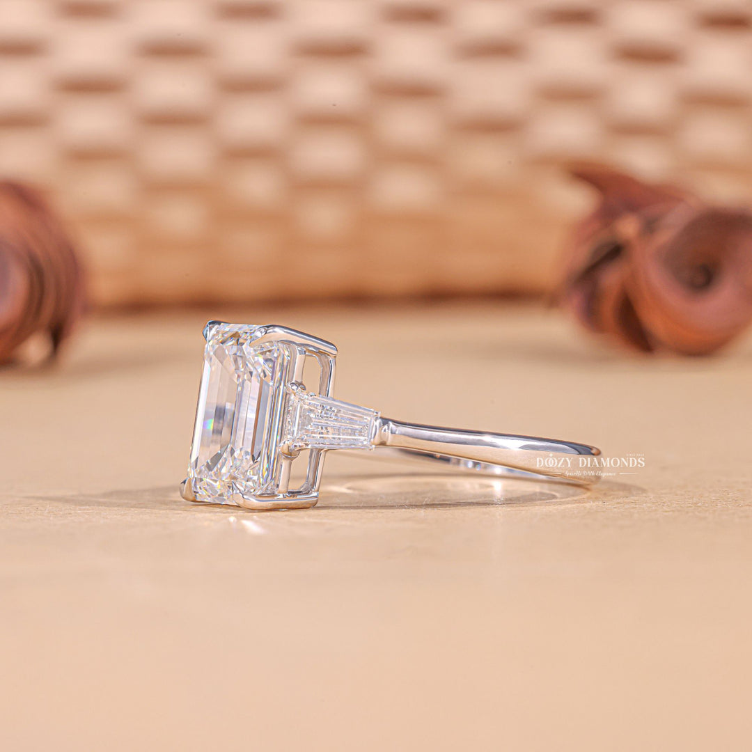 3.0CT - 4.0CT Emerald Cut F/VS1 Lab Grown Three Stone Diamond Engagement Ring - Doozy Diamonds