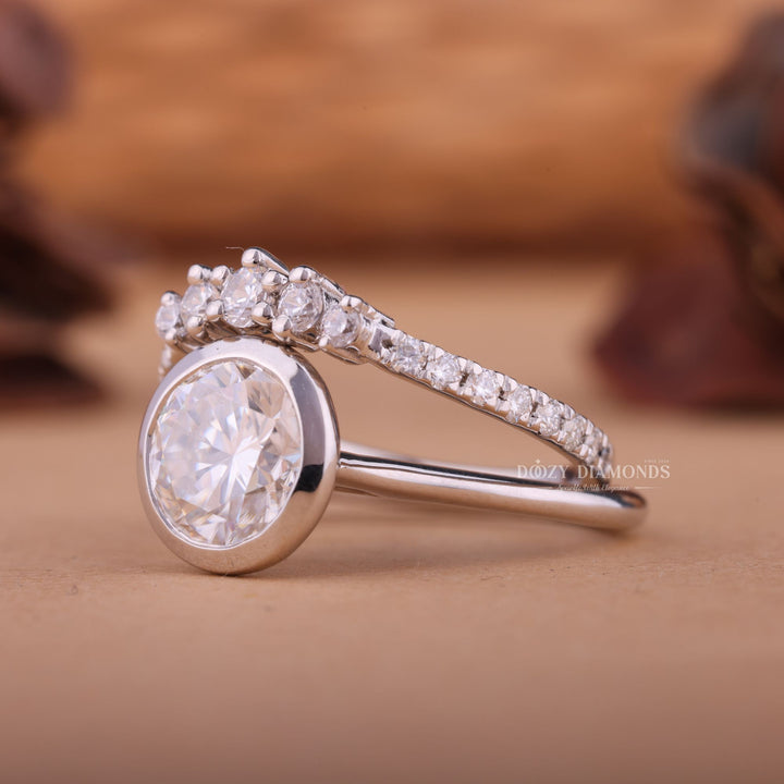 1.50CT Round F-VS Lab Grown Bezel Wedding Ring with Curved Diamond Band