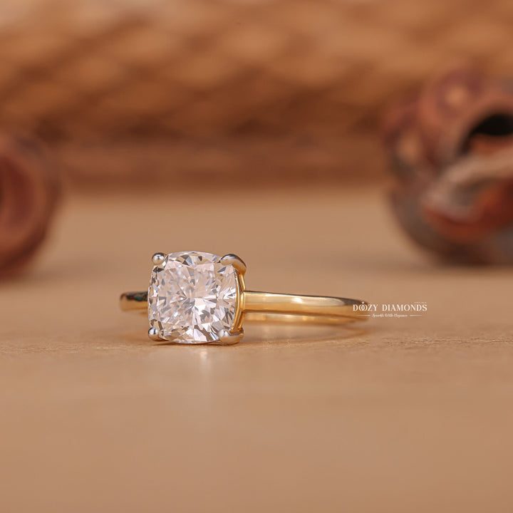 1.0CT Cushion F/VS2 Lab Grown Solitaire Diamond Yellow Gold Engagement Ring