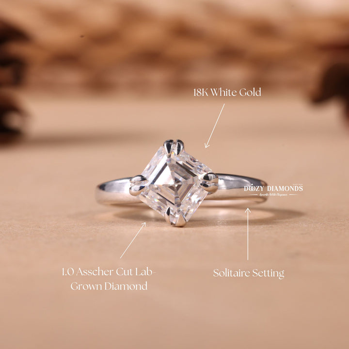 1.0CT-2.0CT Asscher Cut F/VS1 Lab Grown Diamond Solitaire Engagement Ring