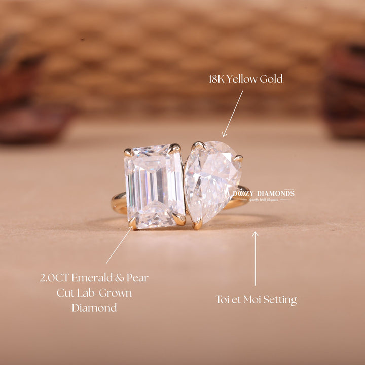 Pear & Emerald Cut Lab Grown Toi et Moi Diamond E/VS2 Engagement Ring