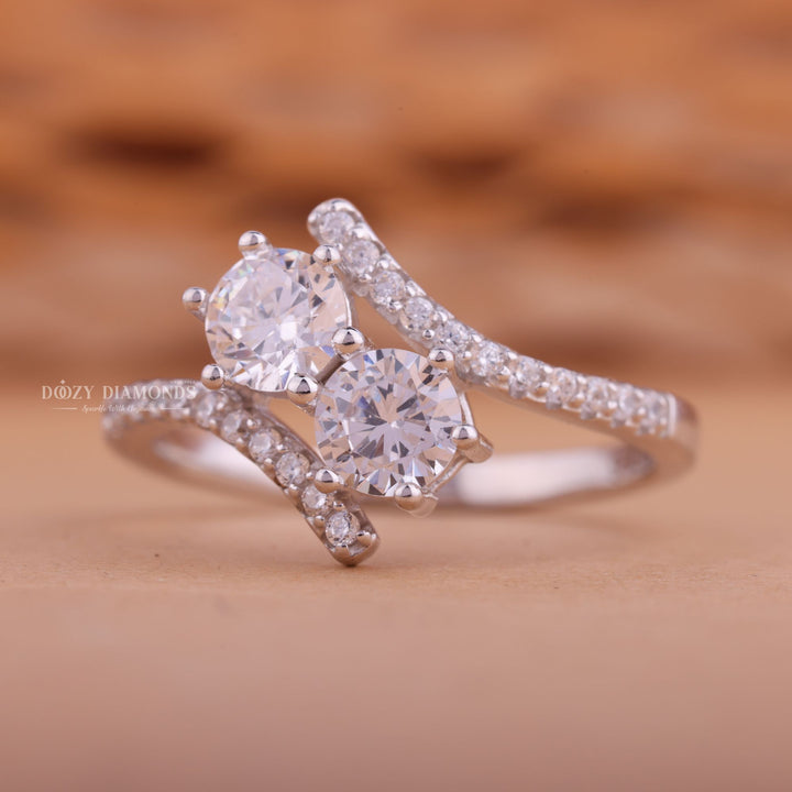 1.0CT Round CVD F/VS2 Diamond Two Stone Bypass Engagement Ring