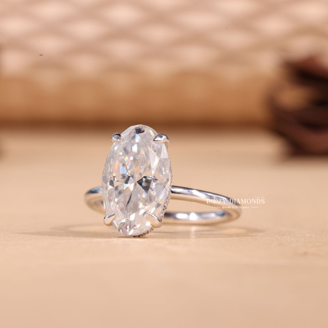 4.0CT-6.0CT Elongated Oval E/VS2 Lab Grown Hidden Halo Diamond Engagement Ring