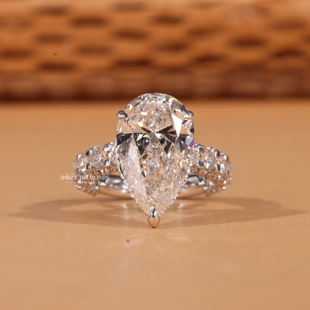 5.0CT-7.0CT Pear F/VS2 Lab Grown Diamond Pave Engagement Ring