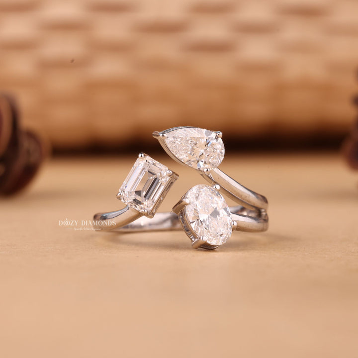 Oval, Pear & Emerald Cut F/VS2 Lab Grown Diamond Three Stone Engagement Ring