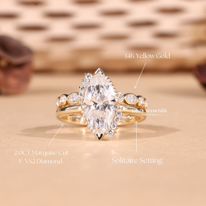 2.0CT Marquise Cut EF-VS2 Lab Grown Vintage Cluster Wedding Ring with Bezel Set Band