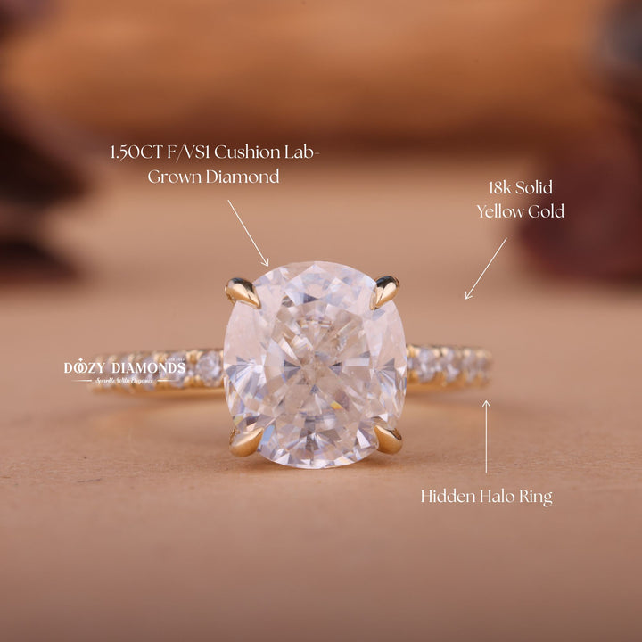 1.50CT-2.50CT Cushion F/VS1 Lab Grown Diamond Hidden Halo Engagement Ring
