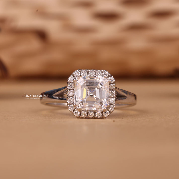 1.0CT-2.0CT Asscher Cut F/VS2 Lab Grown Diamond Halo Engagement Ring