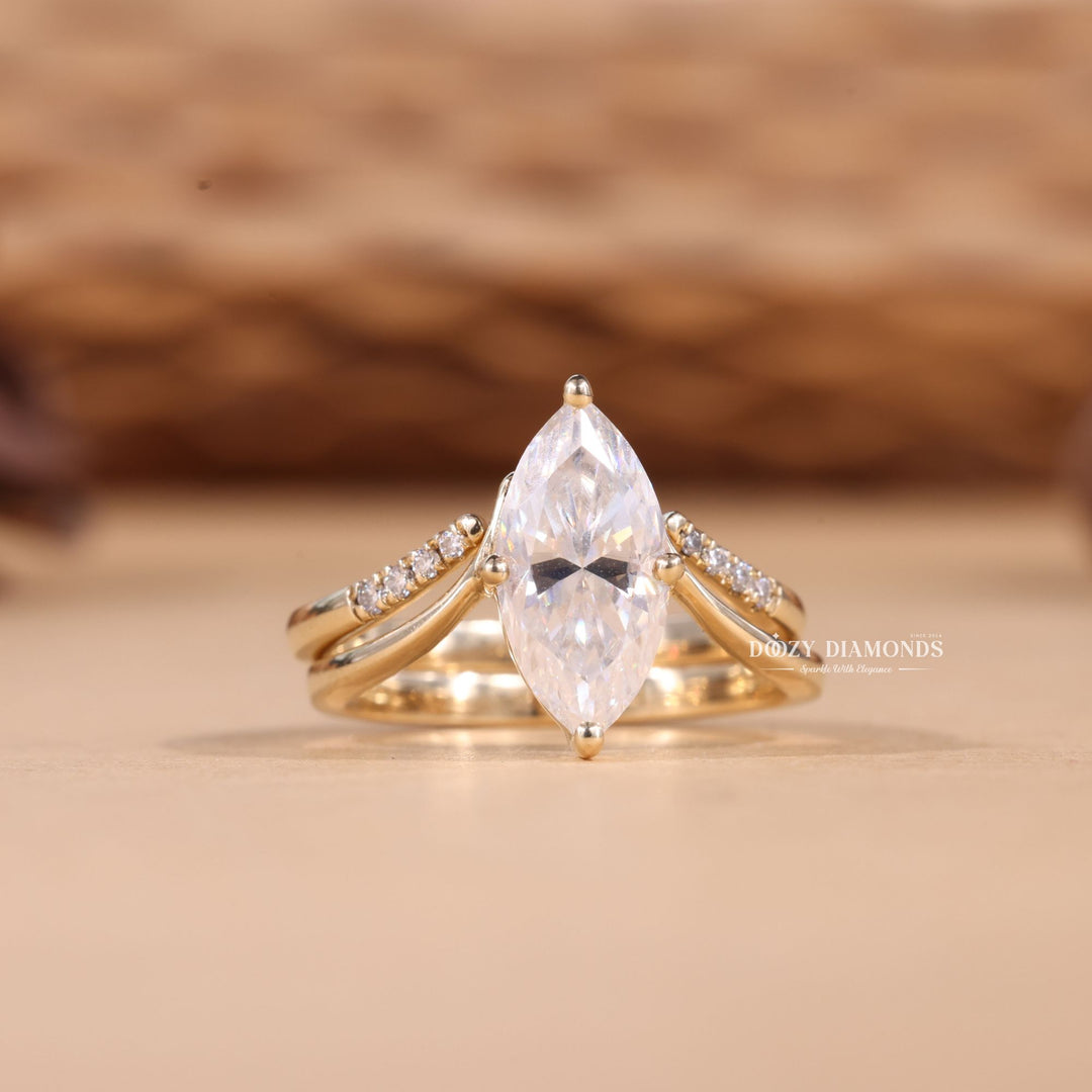 2.0CT Marquise Cut EF-VS2 Lab Grown Eve Diamond Ring with Curved Wedding Band