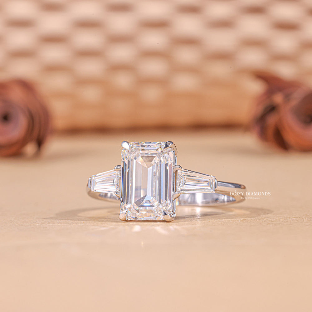 3.0CT - 4.0CT Emerald Cut F/VS1 Lab Grown Three Stone Diamond Engagement Ring - Doozy Diamonds