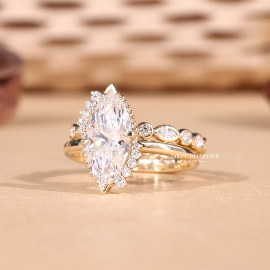 2.0CT Marquise Cut EF-VS2 Lab Grown Vintage Cluster Wedding Ring with Bezel Set Band