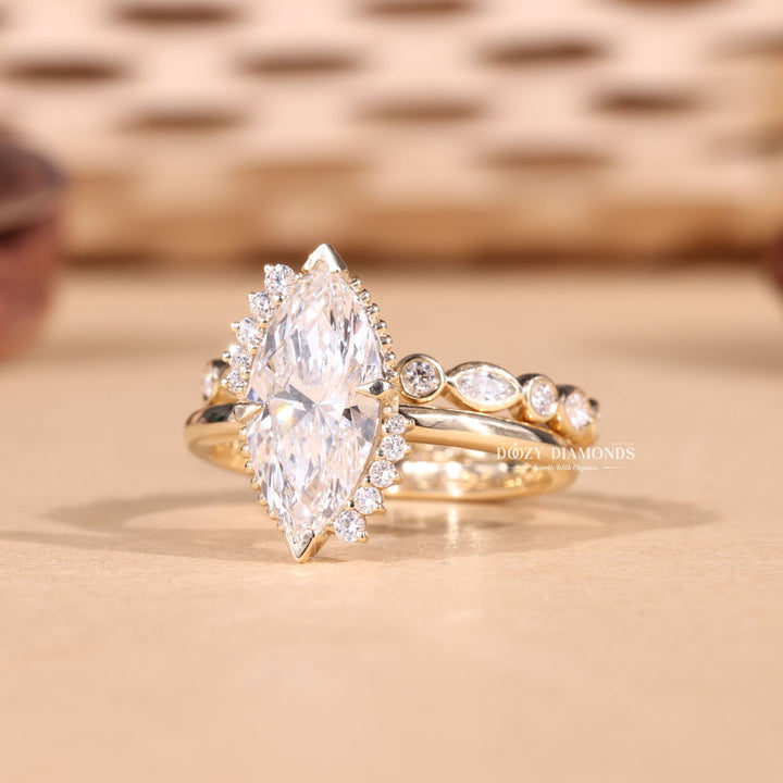 2.0CT Marquise Cut EF-VS2 Lab Grown Vintage Cluster Wedding Ring with Bezel Set Band