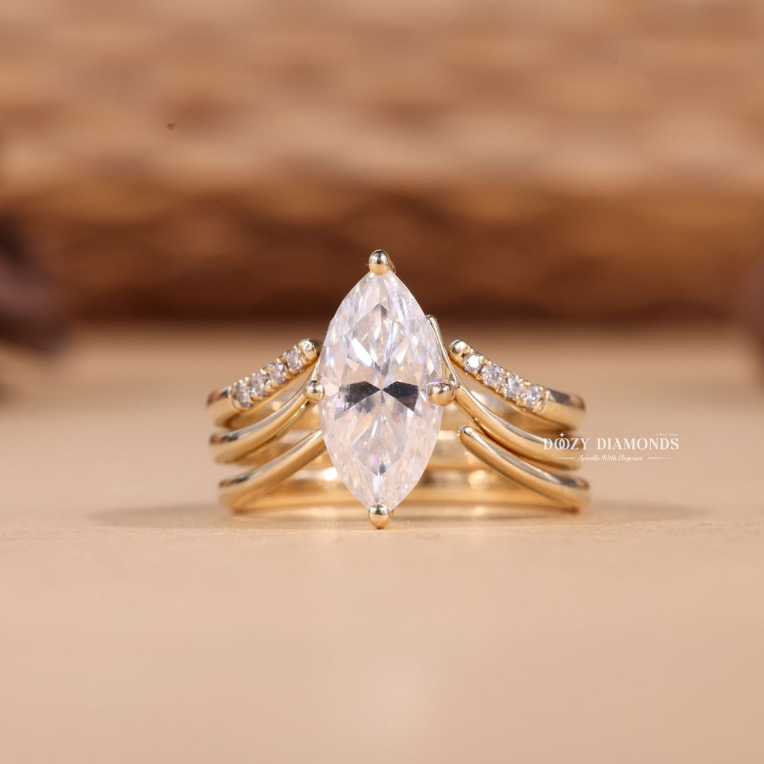 2.0CT Marquise Cut EF-VS2 Lab Grown Eve Diamond Ring with Curved Wedding Band or Plain Band