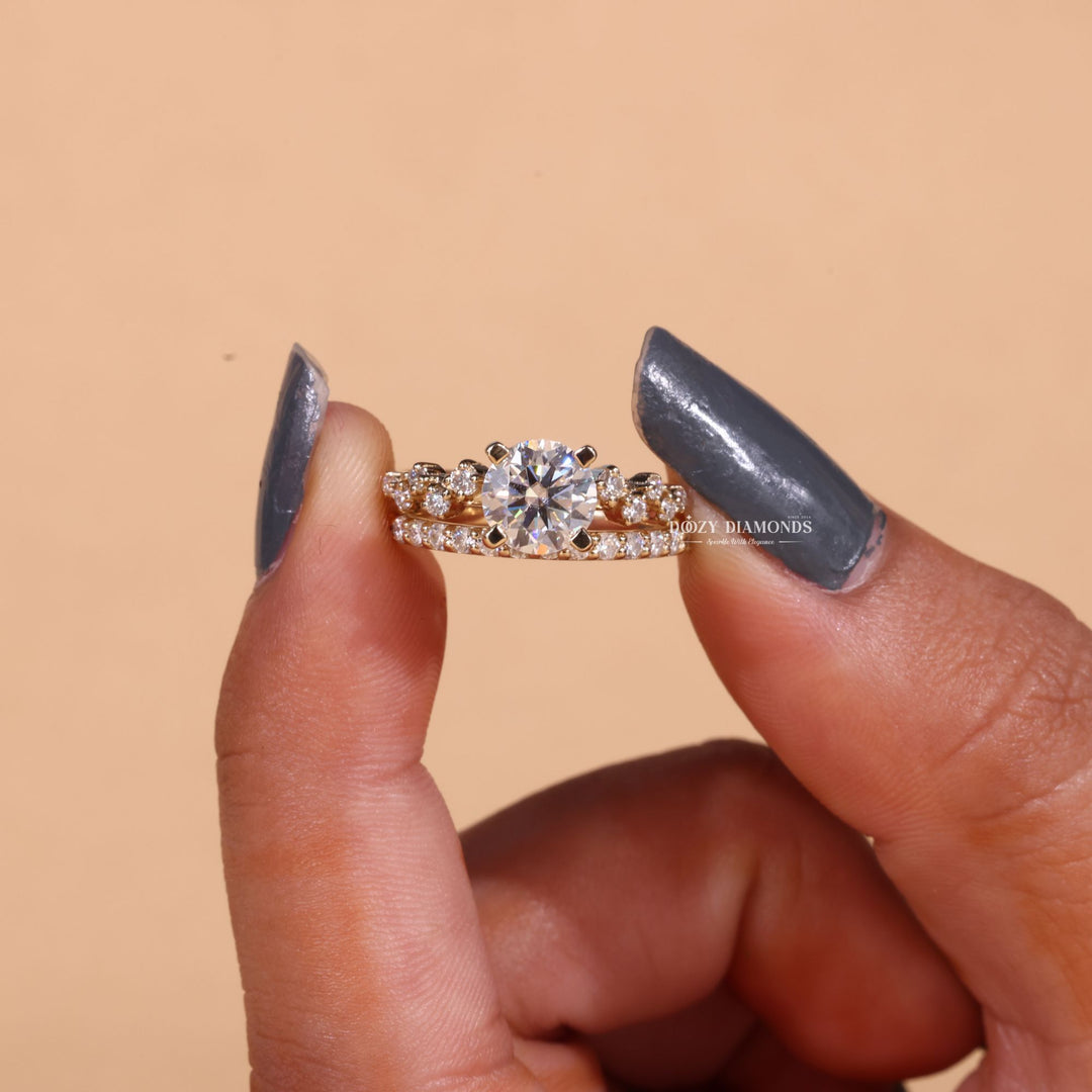 1.0CT Round Cut EF-VS2 Lab Grown Cluster Engagement Ring with Stacking Band
