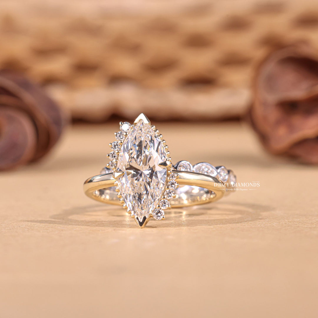 2.0CT Marquise Cut EF-VS1 Lab Grown Vintage Engagement Ring with Bezel Wedding Band