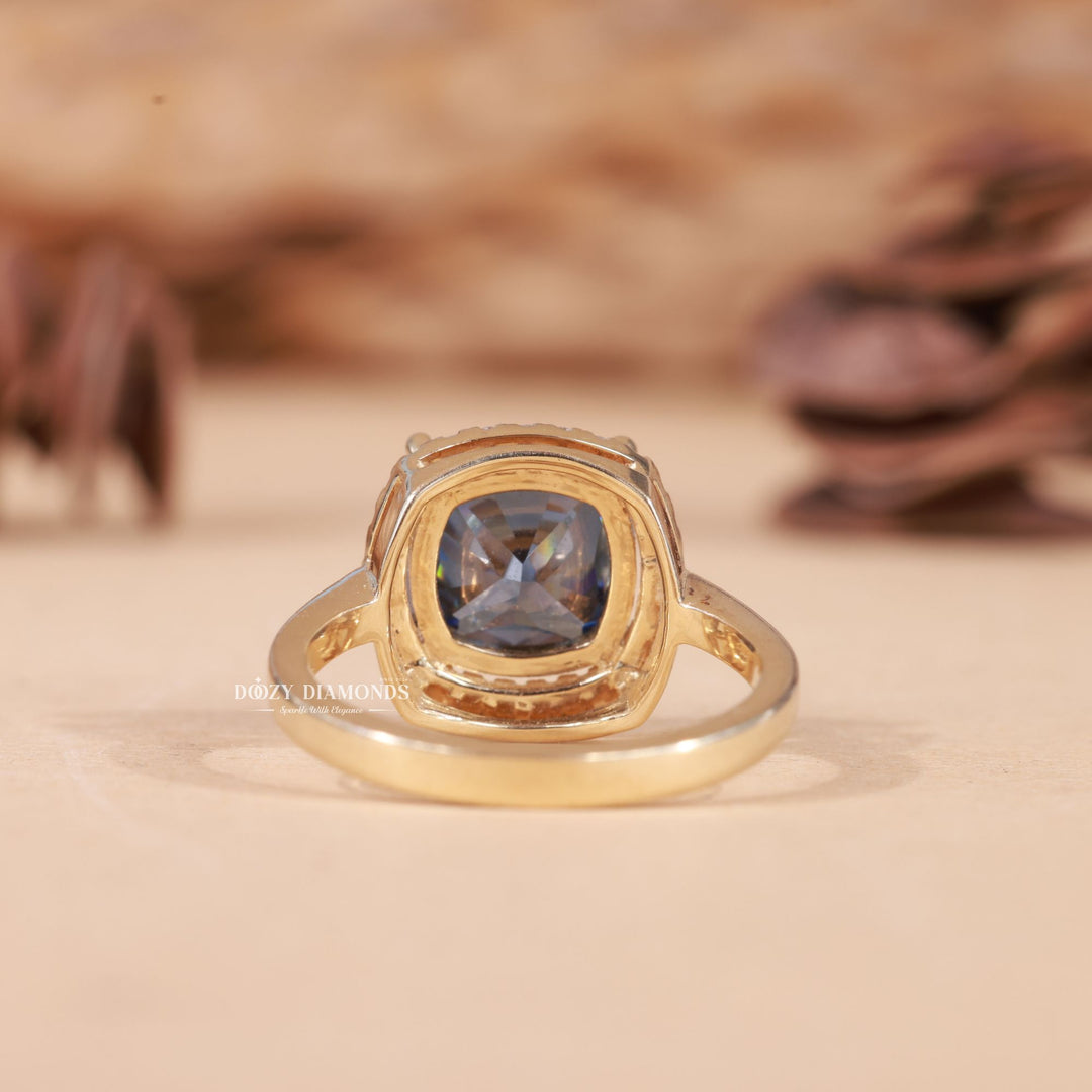 Royal Blue Cushion Cut Lab Grown E/VS2 Halo Diamond Engagement Ring