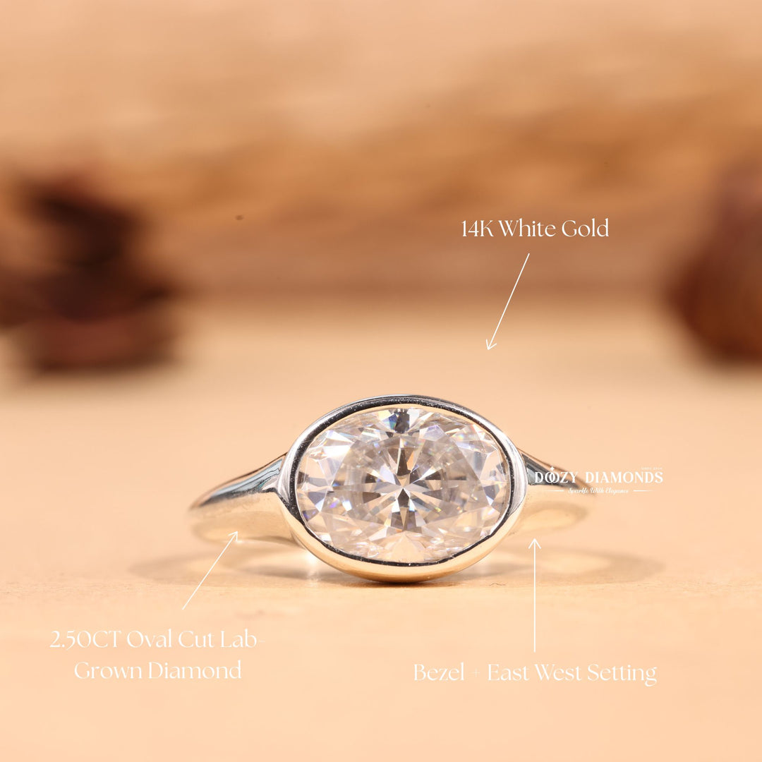 3.0CT-5.0CT Bezel Set Oval F/VS1 Lab Grown Diamond East West Engagement Ring