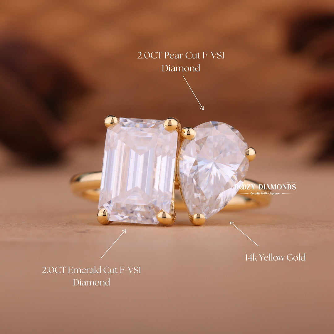 Emerald & Pear Cut Lab Grown Toi et Moi Diamond Engagement Ring