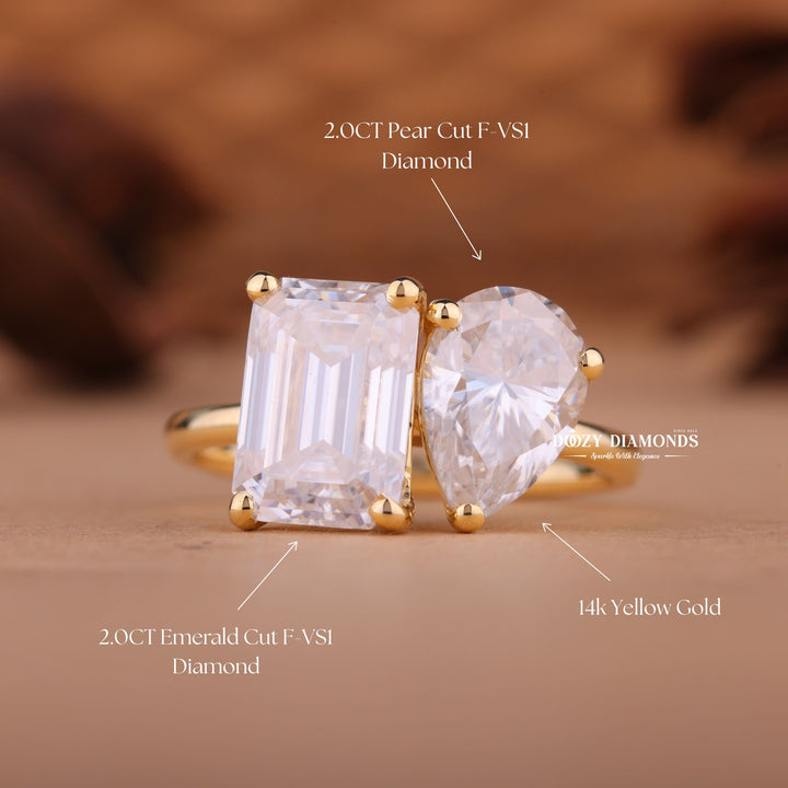 Emerald & Pear Cut Lab Grown Toi et Moi Diamond Engagement Ring
