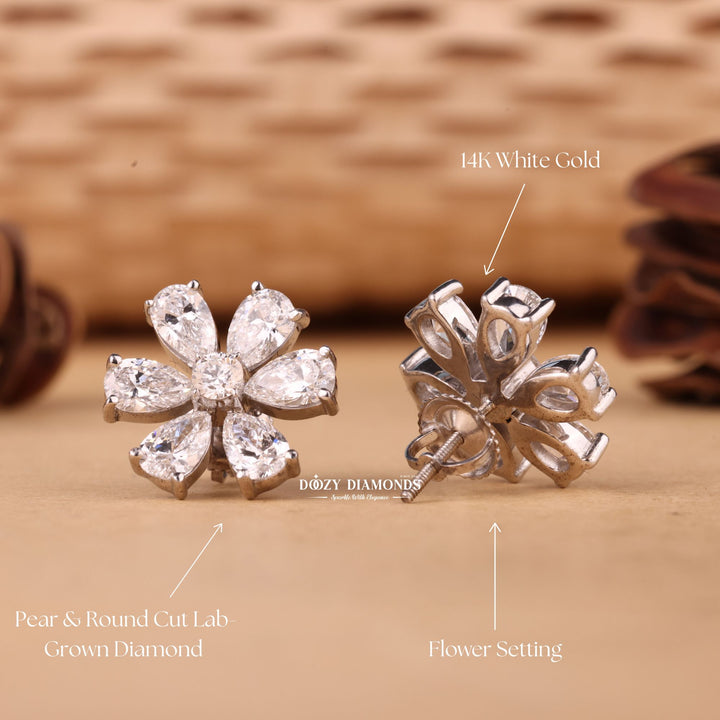 Round & Pear EF-VS2 Lab-Grown Diamond Flower Style Earrings