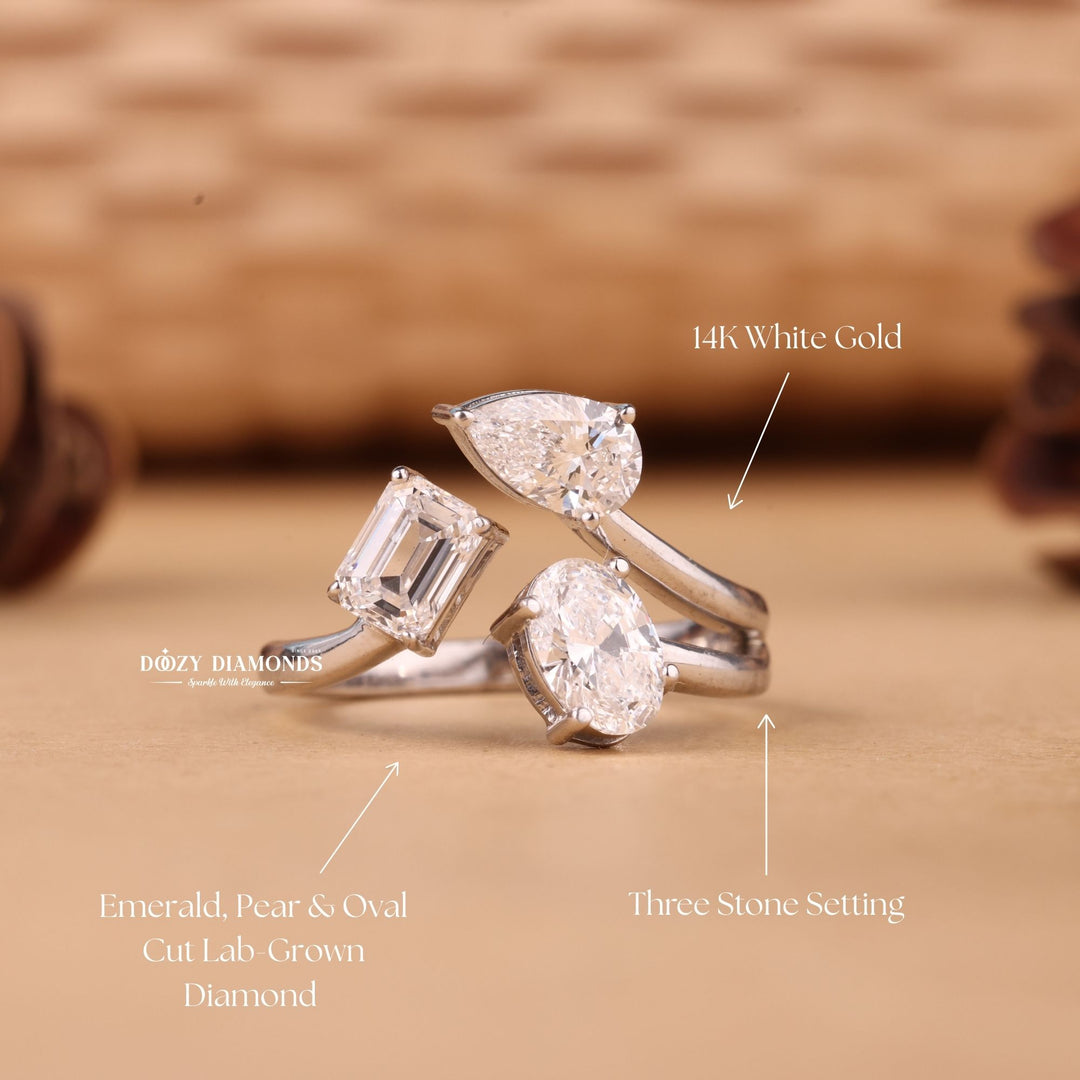 Oval, Pear & Emerald Cut F/VS2 Lab Grown Diamond Three Stone Engagement Ring