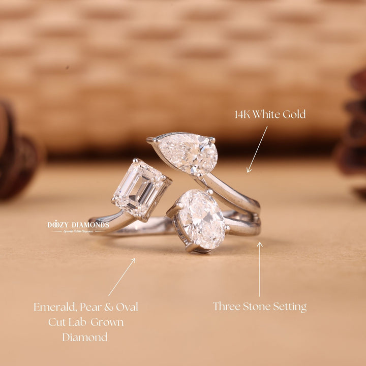Oval, Pear & Emerald Cut F/VS2 Lab Grown Diamond Three Stone Engagement Ring
