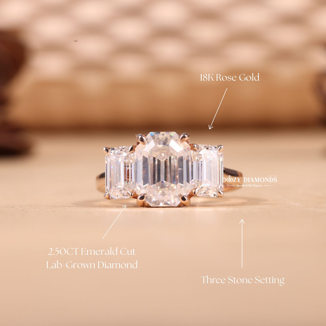 2.50CT-3.50CT Emerald E/VS1 Lab Grown Three Stone Diamond Engagement Ring