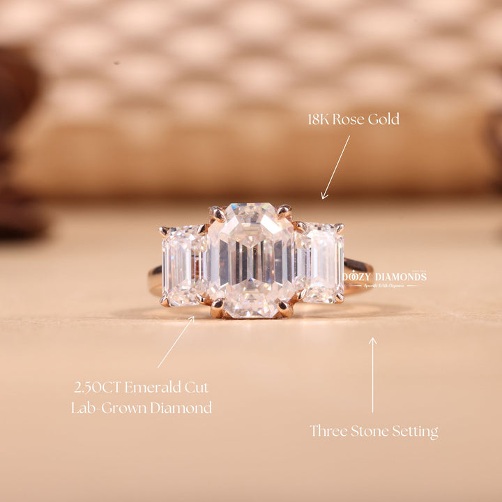 2.50CT-3.50CT Emerald E/VS1 Lab Grown Three Stone Diamond Engagement Ring
