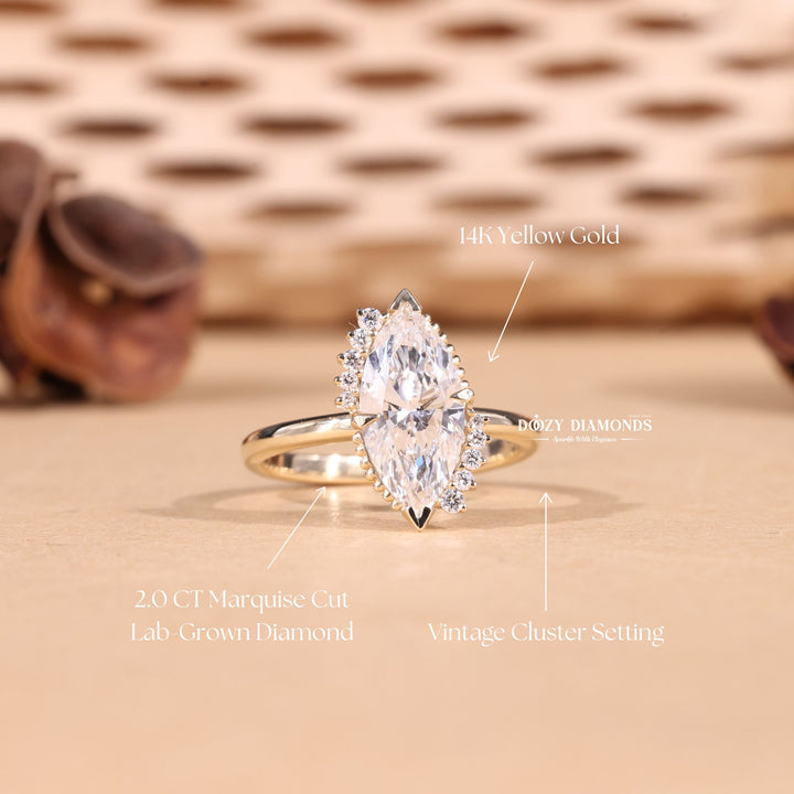 2.0CT-3.0CT Marquise Cut F/VS2 Lab Grown Vintage Cluster Diamond Engagement Ring
