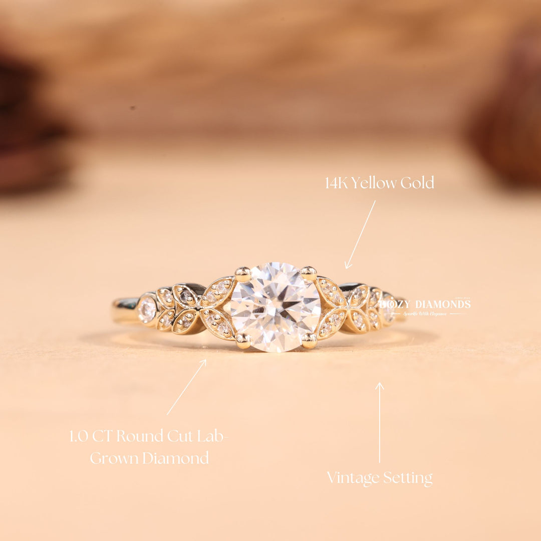 1.0CT-2.0CT Round E/VS2 Lab Grown Vintage Pave Diamond Engagement Ring