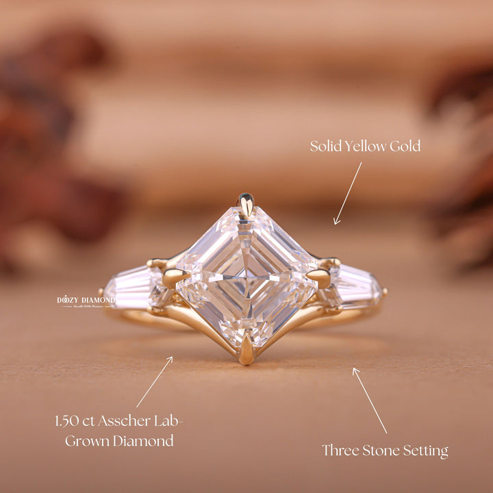 1.50CT-2.50CT Asscher E/VS1 Lab Created Three Stone Style Engagement Ring