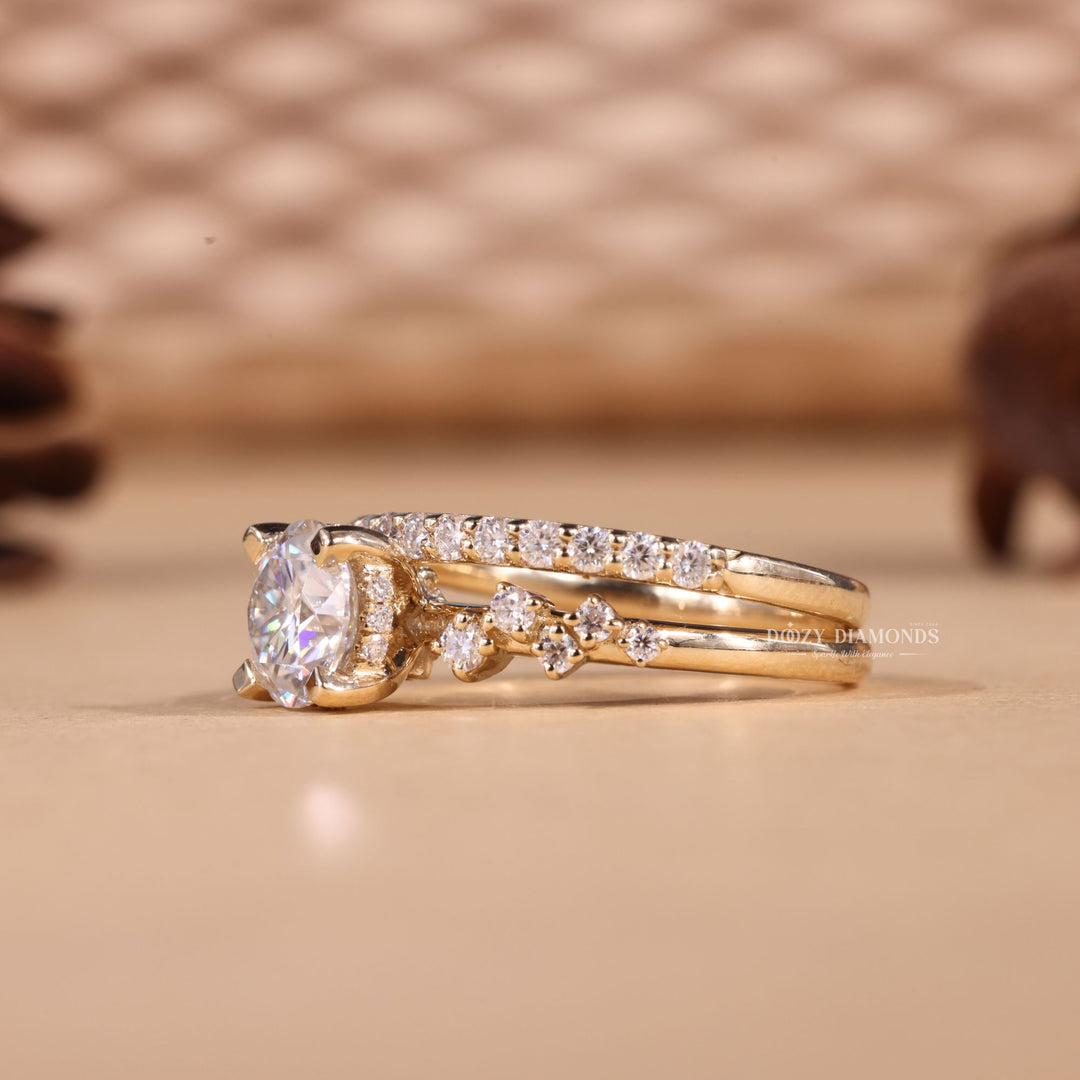 1.0CT Round Cut EF-VS2 Lab Grown Cluster Engagement Ring with Stacking Band